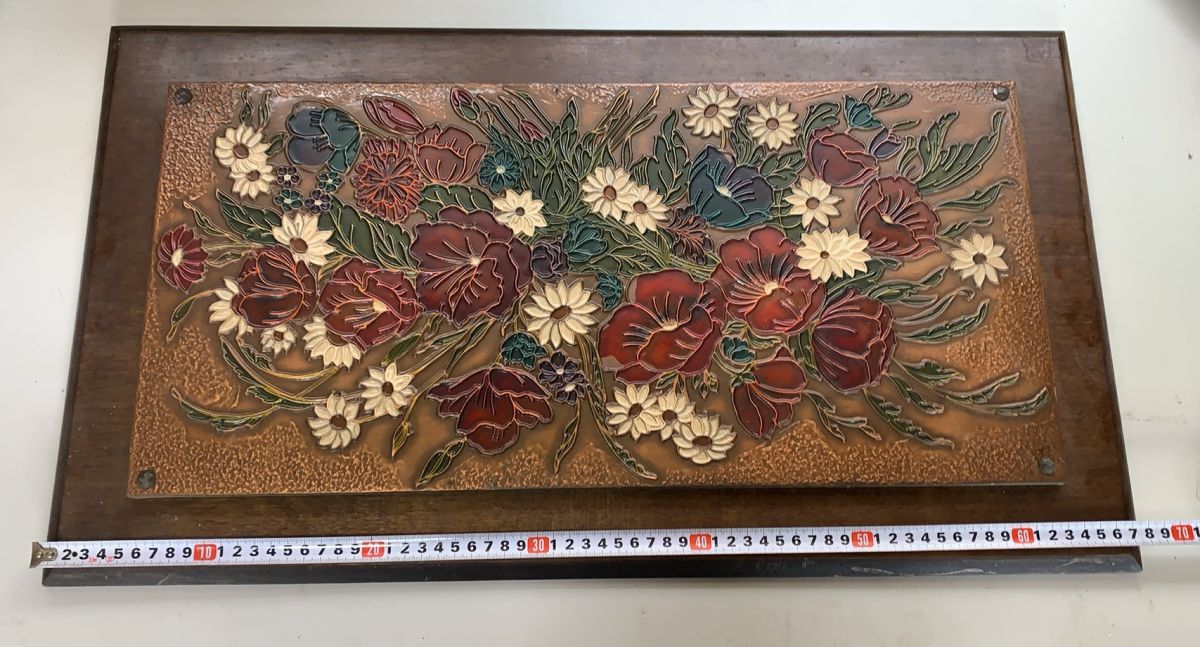 ３F1029→壁掛　中古　銅板画木製枠 壁掛け絵　花柄　手つくり　HAND MADE　