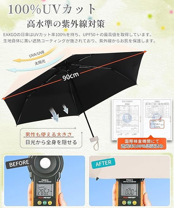 [EAXGO] 折りたたみ傘 業界最軽量スマートフォンサイズ 高強度グラスファイバー 日傘UVカット100 遮光熱 耐風撥水 晴雨兼用 収納ポーチ付き_画像4