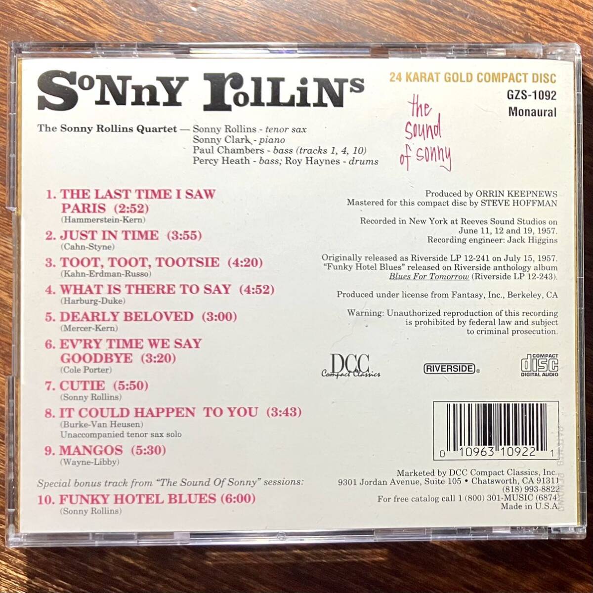 【DCC 24K GOLD CD】SONNY ROLLINS / THE SOUND OF SONNY ソニー・ロリンズ / ザ・サウンド・オブ・ソニー ゴールドCD GZS-1092_画像4