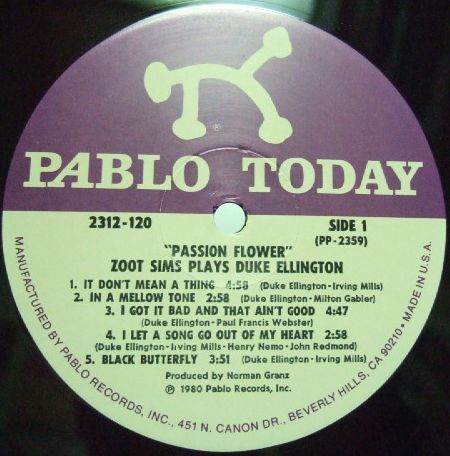 ３枚で送料無料【米Pablo Today】Zoot Sims/Passion Flower - Zoot Sims Plays Duke Ellington_画像2