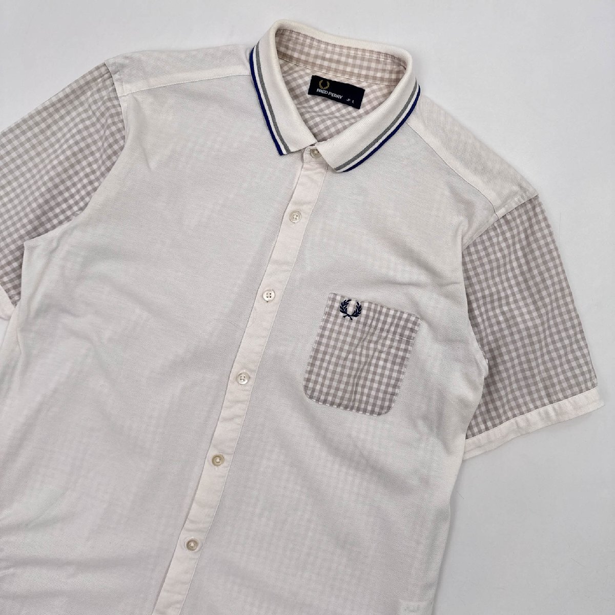 FRED PERRY フレッドペリー ギンガムチェック 切り替え 半袖シャツ サイズ L /ヒットユニオン/ホワイト×グレー/メンズの画像2