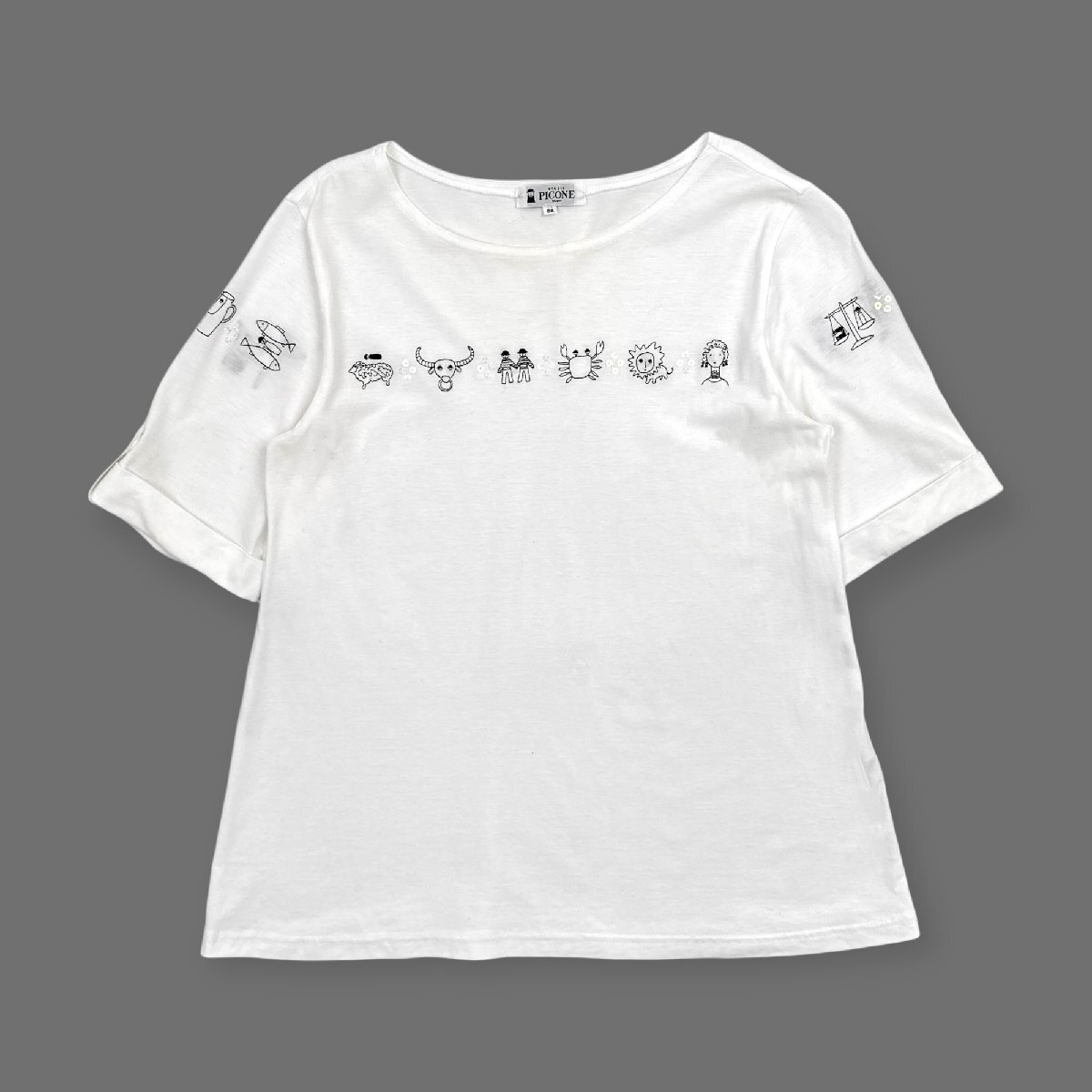 PICONE ピッコーネ ビーズ 刺繍 星座 デザイン 半袖Tシャツ カットソー サイズ 38 /白 ホワイト/レディース/日本製の画像1