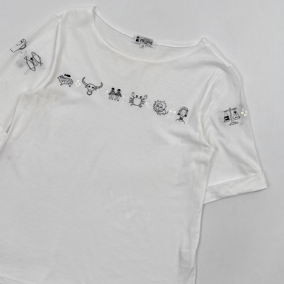 PICONE ピッコーネ ビーズ 刺繍 星座 デザイン 半袖Tシャツ カットソー サイズ 38 /白 ホワイト/レディース/日本製の画像2