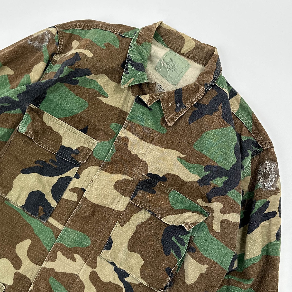 80s 87年製ビンテージ◆AMERICAN APPAREL ウッドランドカモ BDU リップストップ ミリタリー ジャケット M-LONG/U.S.ARMY カモフラ 迷彩_画像2