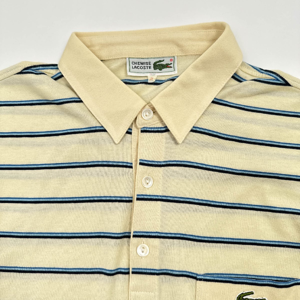 レア!!ビンテージ!! 70s 80s◆CHEMISE LACOSTE ラコステ ボーダー柄 文字ワニ 半袖 ポロシャツ サイズ3/クリーム系/メンズ_画像5