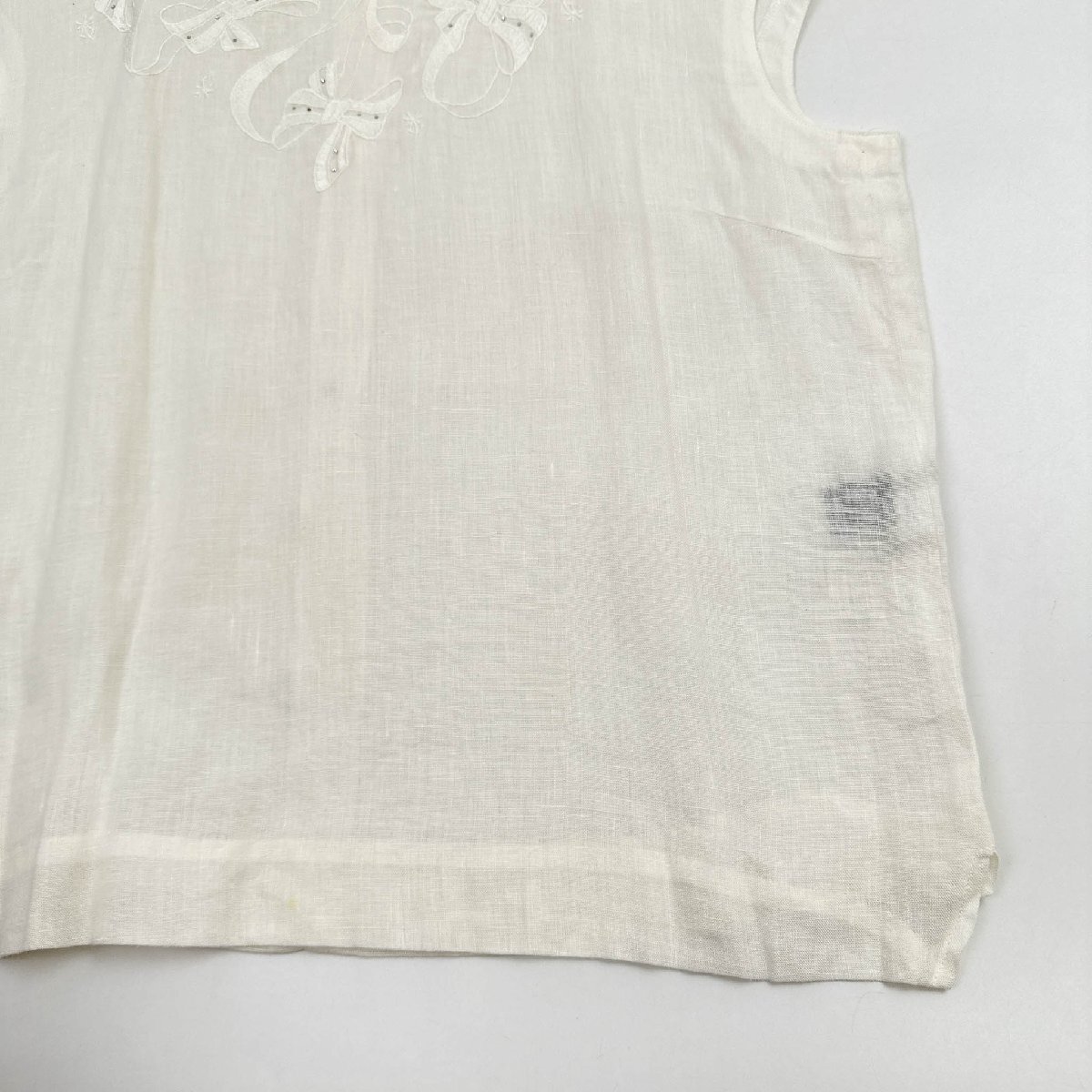 Leilian レリアン 伊製Tessitura Monti spa ラインストーン付き リボン刺繍 フレンチスリーブ リネン ブラウス シャツ 13＋ /白/ホワイトの画像5