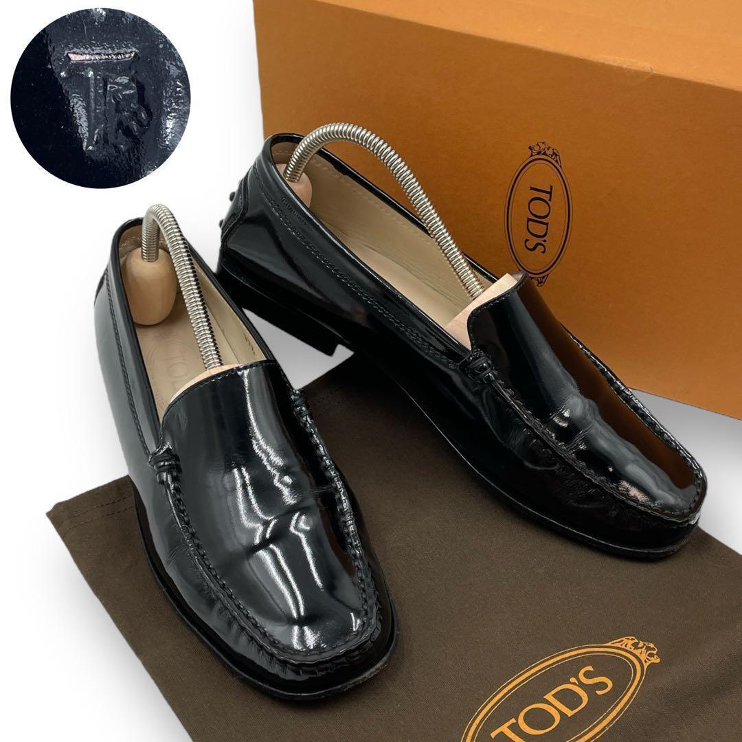 美品 TOD'S トッズ ローファー エナメル パテント Tロゴ シンプル 黒 37.5_画像1