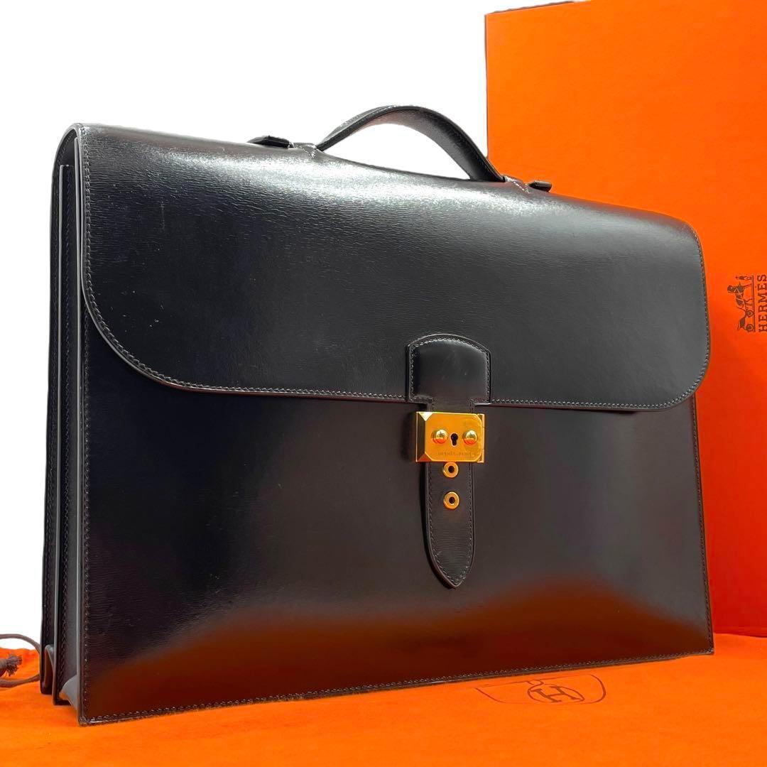 良品 HERMES エルメス ブリーフケース サックアデペッシュ 40 ボックスカーフ 黒_画像1