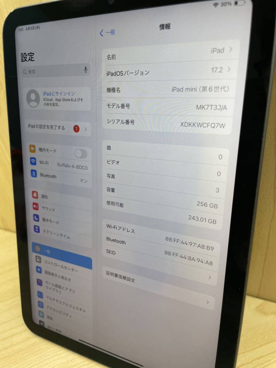 （183）中古 液晶難あり iPad mini Wi-Fi 256GB スペースグレイ 2021年モデル MK7T3J/A_画像9