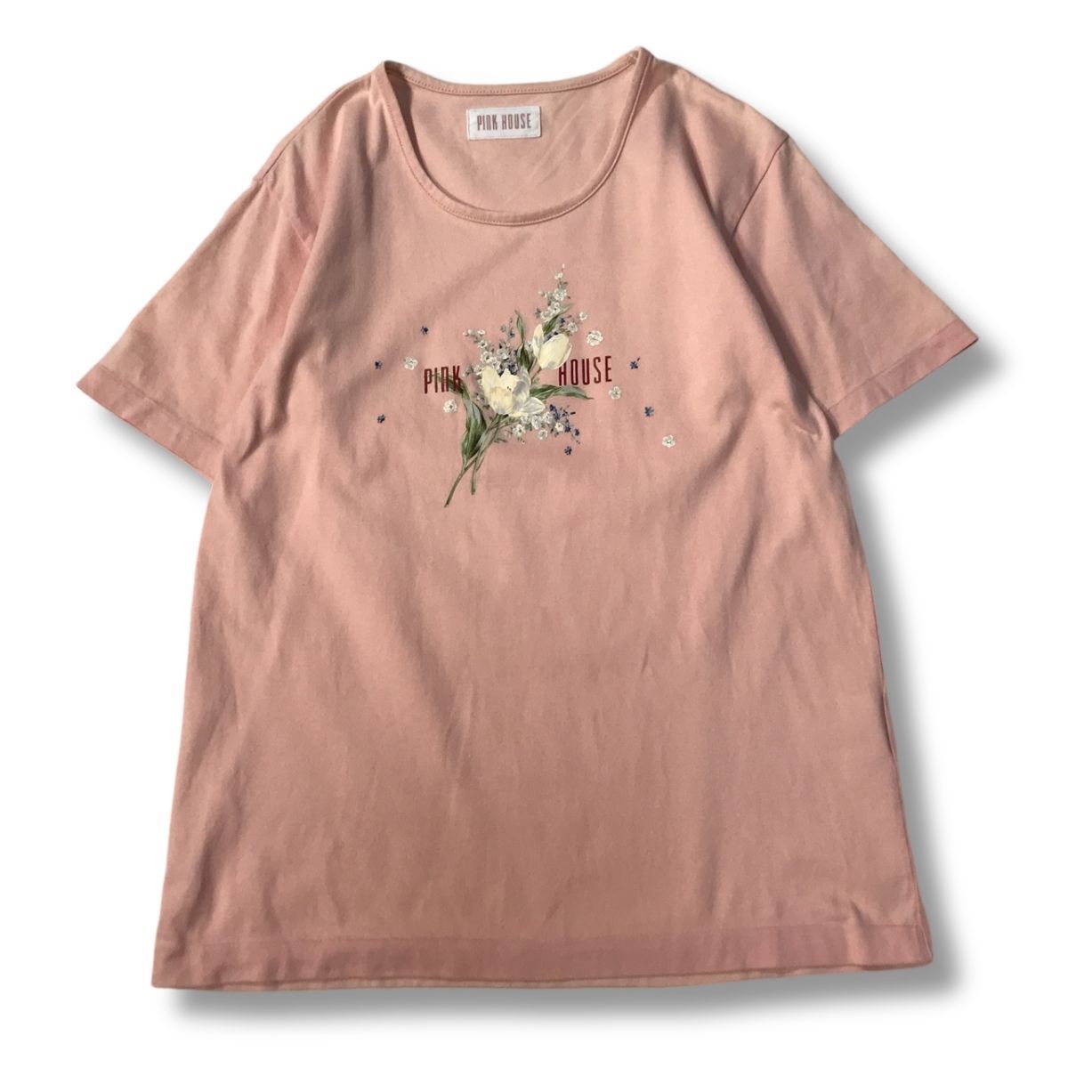 《良品◎》PINK HOUSE ピンクハウス★日本製*ブランドロゴ*花デザイン*半袖Tシャツ*カットソー*サーモンピンク*サイズM(LS423)◆YPの画像1