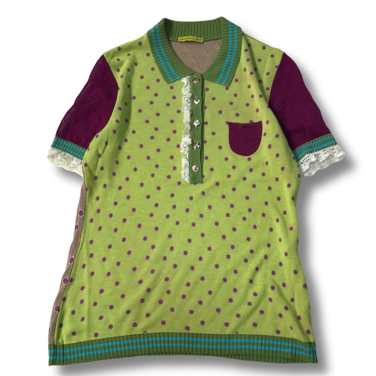 { recommended *}Catherine Andrekato Lee n Andre * France made * knitted polo-shirt * yellow / lime green / violet (LA1808)*S60