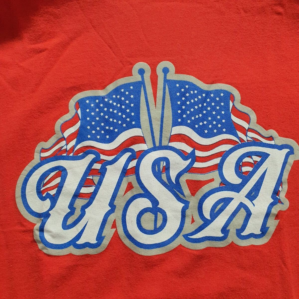 GILDAN ギルダン メンズ 半袖 USA デカロゴ 星条旗 プリント ヴィンテージ Tシャツ 半袖Tシャツ レッド XL 90's 古着 #MA0451_画像6