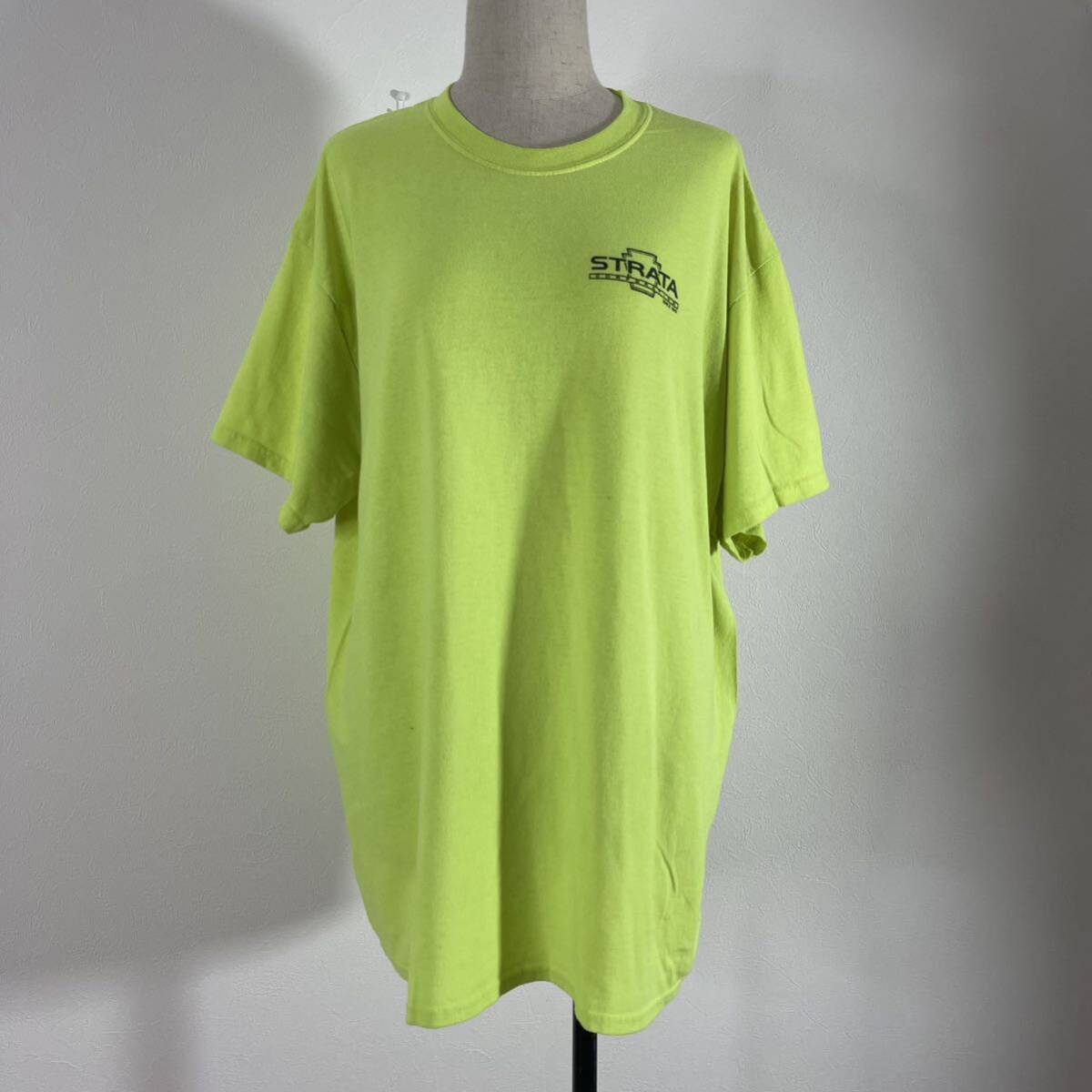 PORT&COMPANY ポートアンドカンパニー メンズ 半袖 企業ロゴ STRATA プリント ヴィンテージ Tシャツ 黄緑 XL 90's 古着 #TB0780