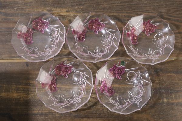 ☆未使用 HOYA ホヤ ガラス製 小鉢 5客 15cm 花柄 和食器 ピンク 元箱 保谷 Ja3110の画像3