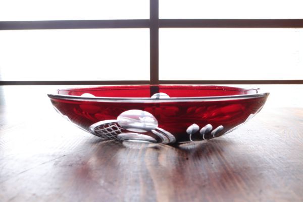 ☆昭和レトロ ガラスプレート カットガラス 赤 レッド 25㎝ 皿 プレート Ap1710の画像3