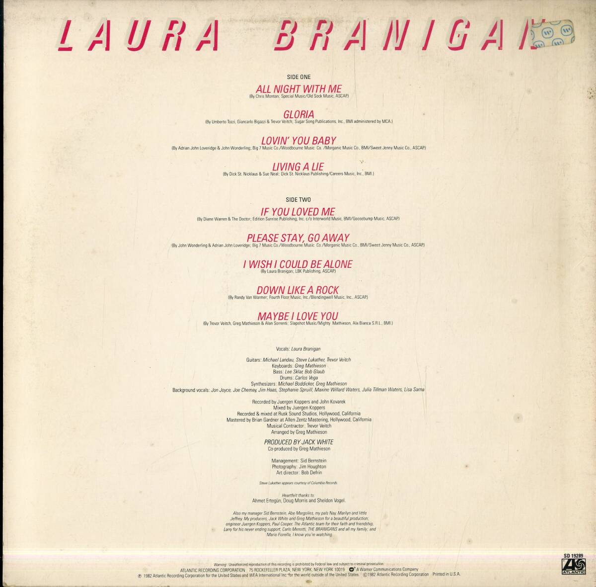 A00568213/LP/ローラ・ブラニガン「BRANIGAN（1982年：SD-19289）」の画像2