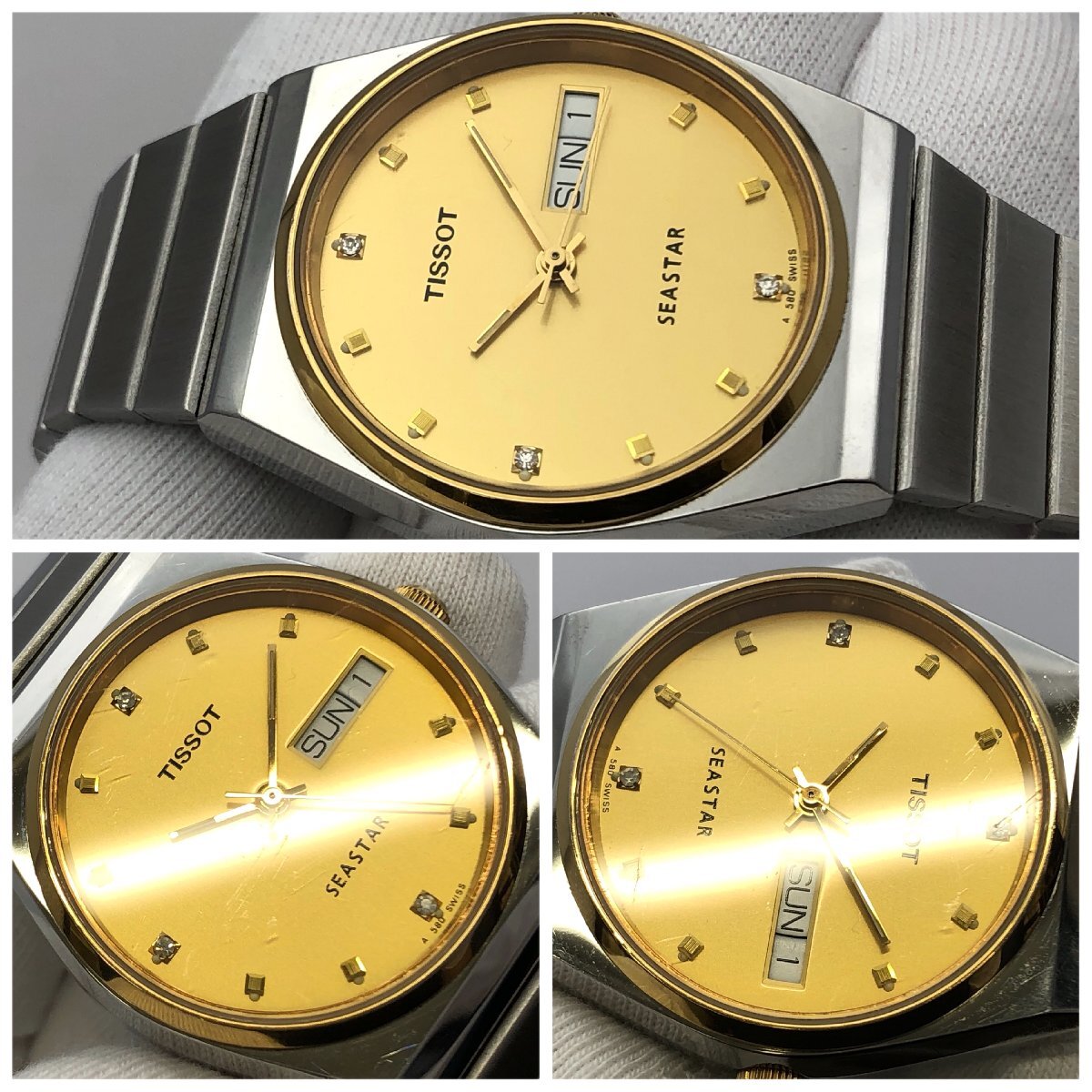 1円～/TISSOT/ティソ/SEASTAR/シースター/A580/3針/デイデイト/ゴールド文字盤/石付/自動巻/メンズ腕時計/稼動品/ジャンク/T111の画像6