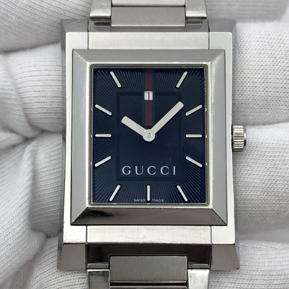 1 jpy ~/GUCCI/ Gucci /111M/ Sherry line / 2 hands / Date / silver color / square / quartz / men's wristwatch / Junk /T165