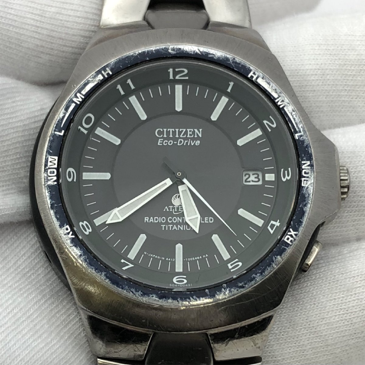 1円～/CITIZEN/シチズン/ATTESA/アテッサ/Eco-Drive/エコドライブ/A412-T003265Y/3針/デイト/チタン/メンズ腕時計/稼動品/ジャンク/T176_画像3