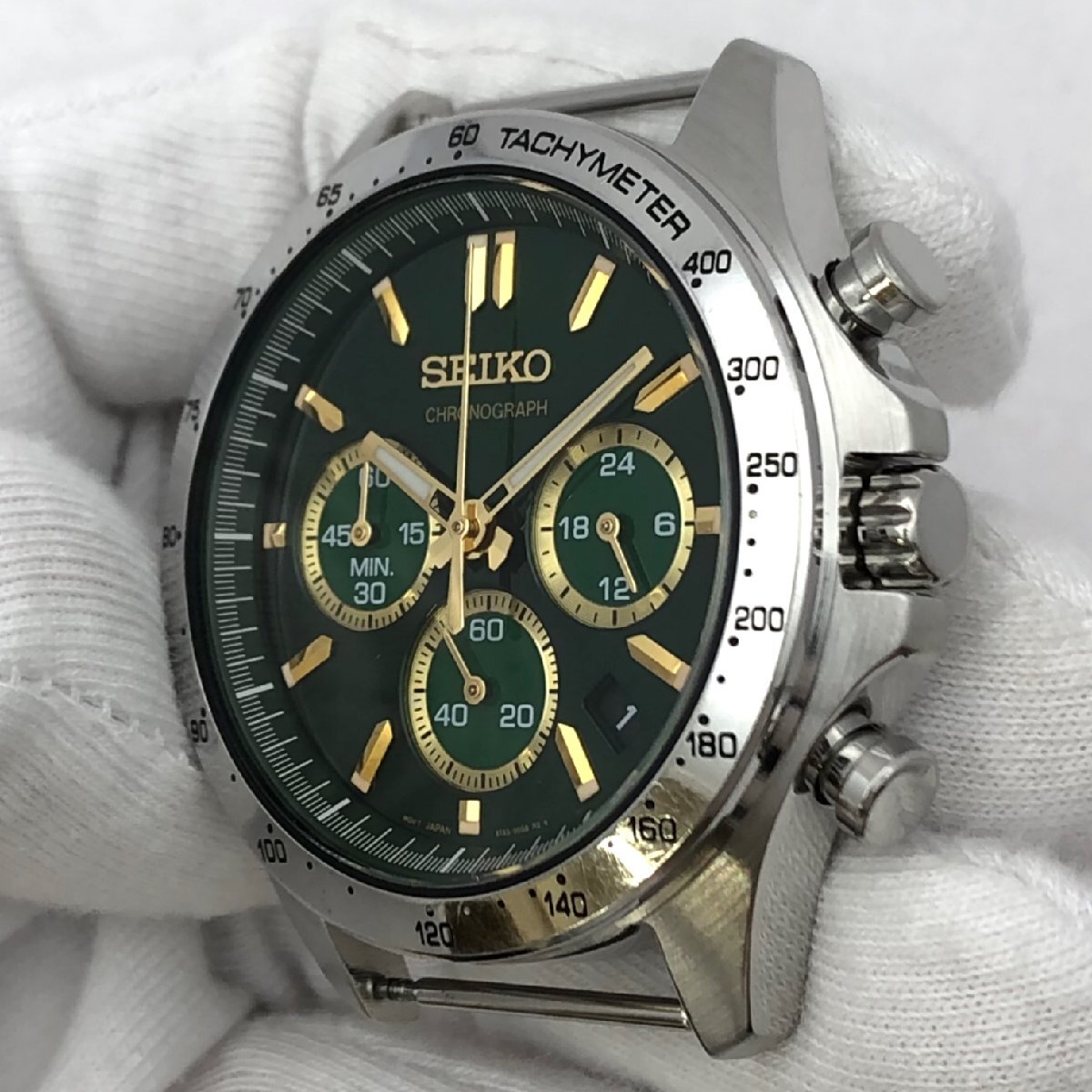 1円～/SEIKO/セイコー/クロノグラフ/8T63-00D0/デイト/グリーン系文字盤/シルバーカラー/クォーツ/メンズ腕時計/稼動品/ジャンク/T202_画像5