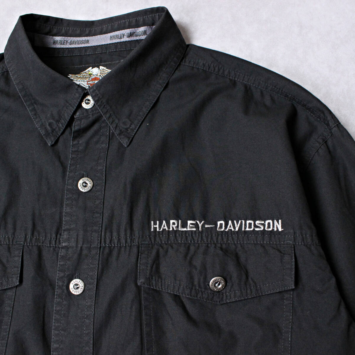 US古着 バックロゴ刺しゅうプリント ハーレーダビッドソン ブラック 長袖シャツ Lサイズ ビンテージ HARLEY DAVIDSONの画像4