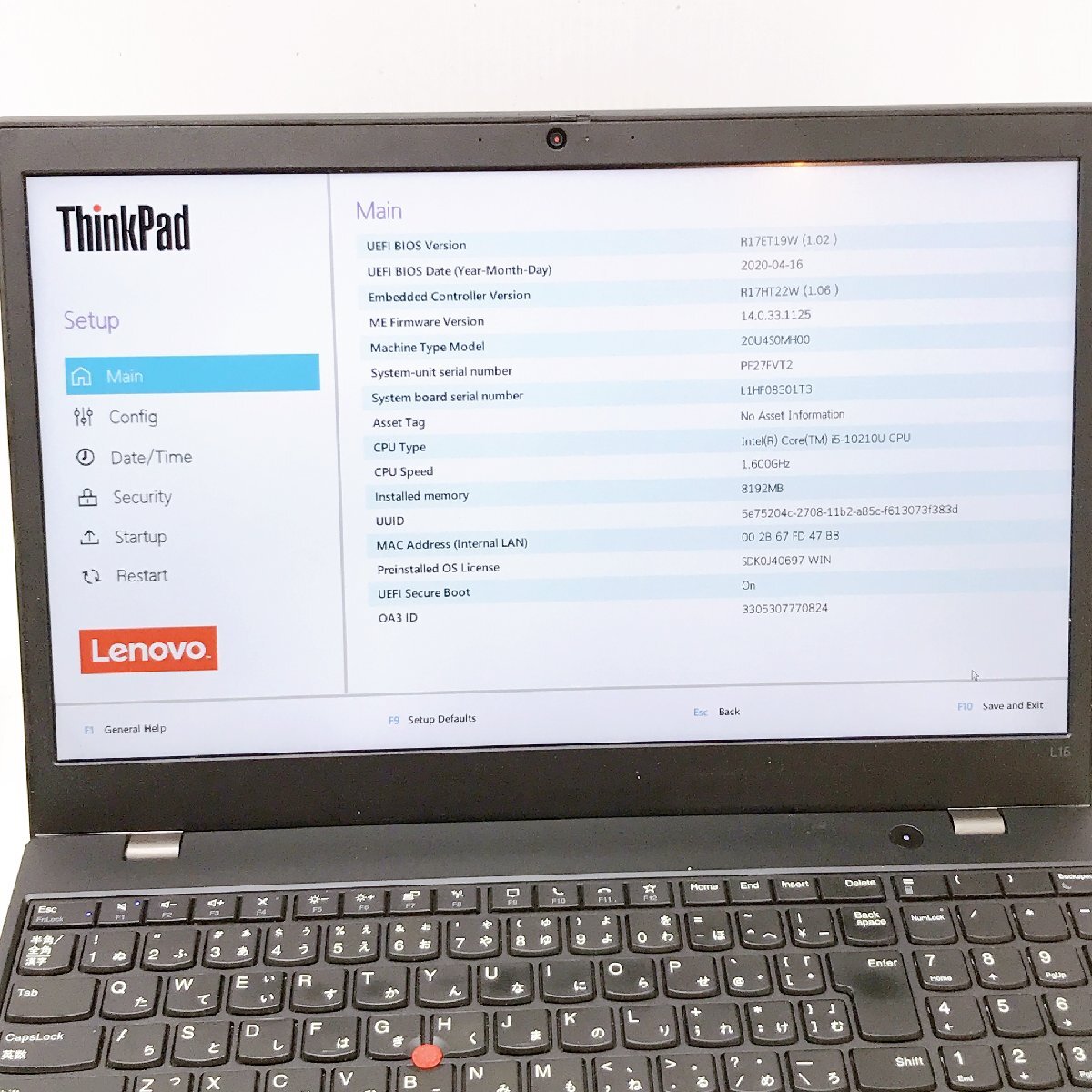 Lenovo ThinkPad L15 Core i5 10210U 1.6GHz 8GB SSD256GB 15.6 ジャンク扱い ノートパソコン H12398の画像6