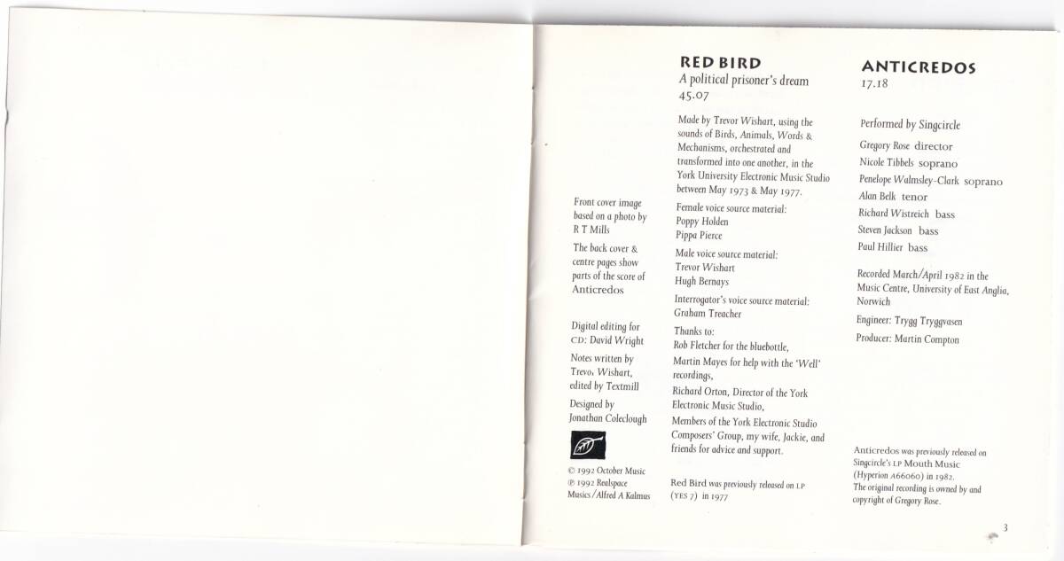 Trevor Wishart / Red Bird / Anticredos / CD / October Music / Oct 001 музыка * темно синий k rate ek spec li men taru
