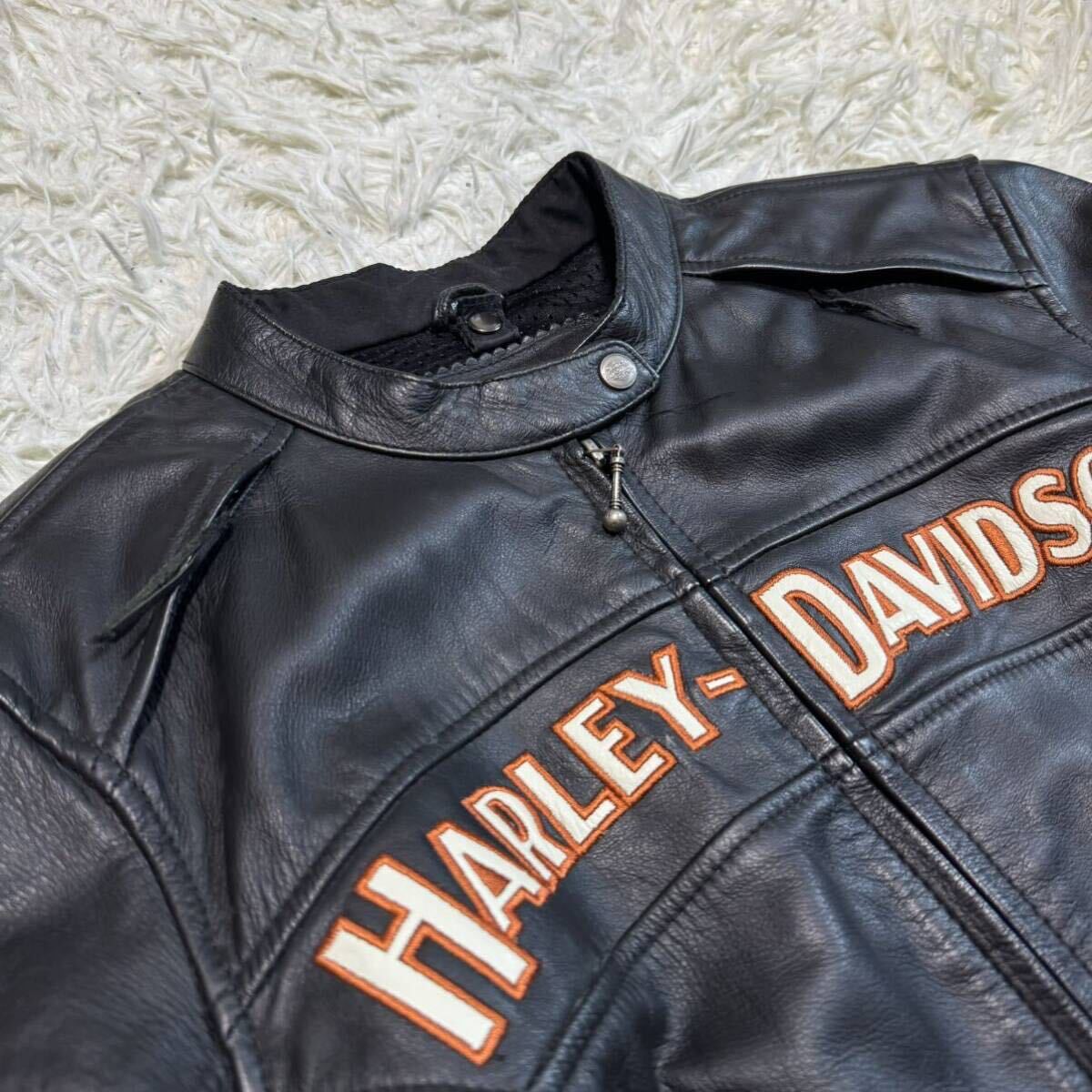 極美品 Mサイズ HARLEY DAVIDSON ハーレーダビッドソン レザージャケット ライダース シングル ブラック バイカー ロゴ ストライプ メンズ_画像3