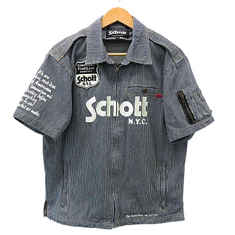 【格安】1,000円～ Schott ショット 半袖 デニムジャケット ヒッコリー ネイビー系 サイズ44 メンズ [M5070]_画像1