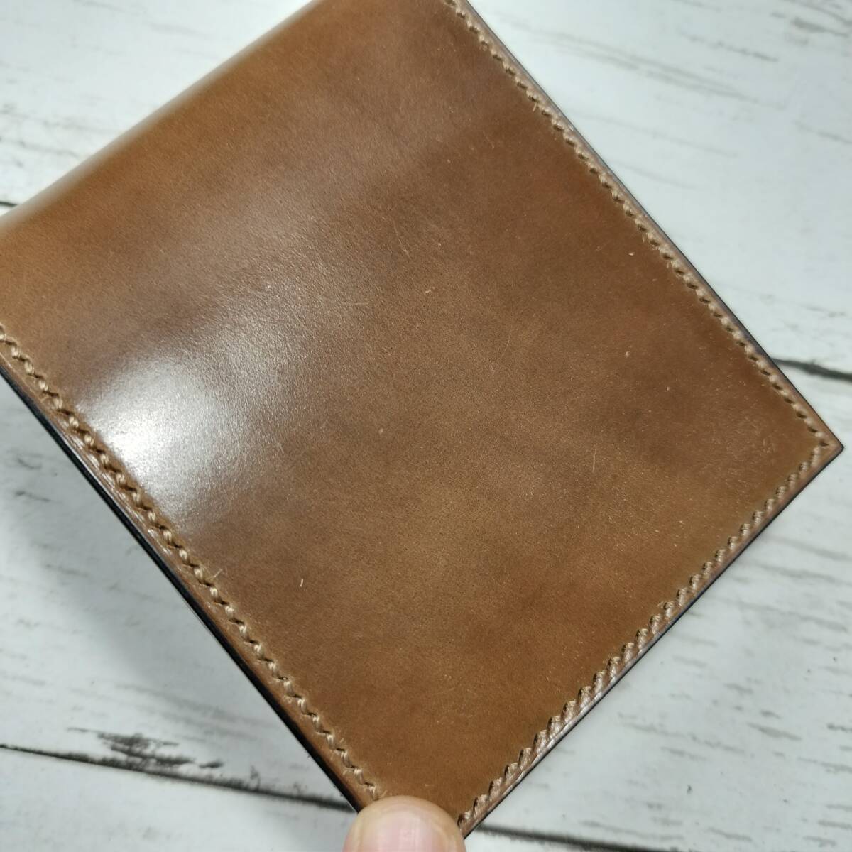 【訳有】RiDo LeatherWorks【ホーウィンシェルコードバン&ブッテーロ】ハーフウォレット★バーボン×ブラック 二つ折り財布 ハンドメイドの画像2