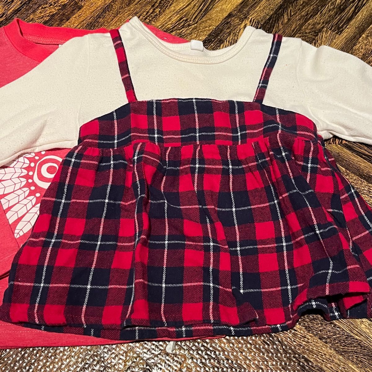 baiya90ロンT長袖Tシャツまとめ売り女の子保育園セットチェック赤グレー カットソー
