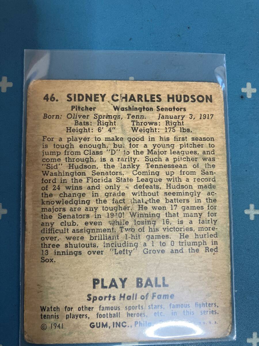 1941 Playball #346 Sid Hudson 1941 and 1942 2 Time All Star Selectionの画像2