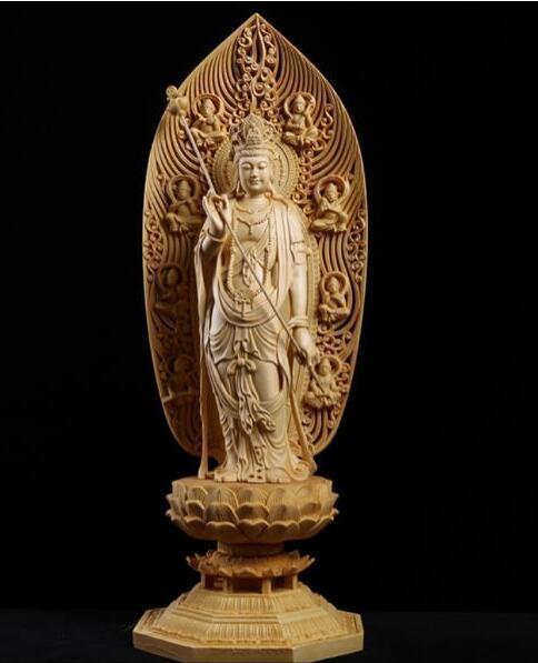 総檜材　仏教工芸品　木彫仏教　精密彫刻　極上品　仏師で仕上げ品　日光観音菩薩立像 高43cm