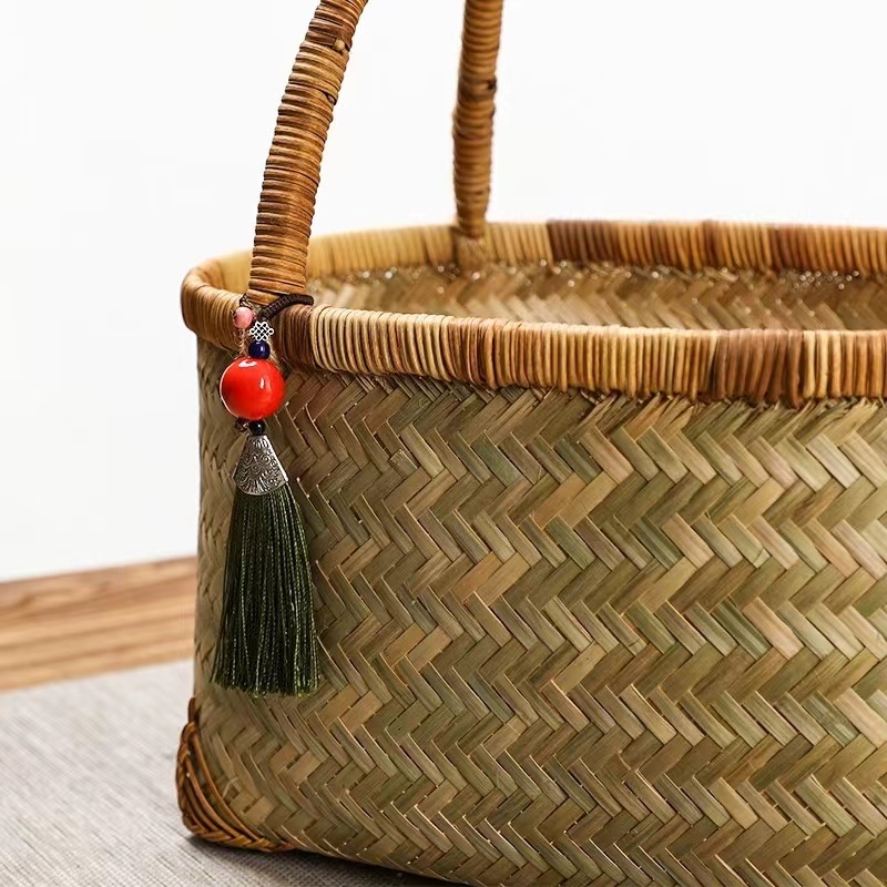 竹編み上げカゴバック  手作りバスケット お洒落買い物カゴ 収納バッグの画像4