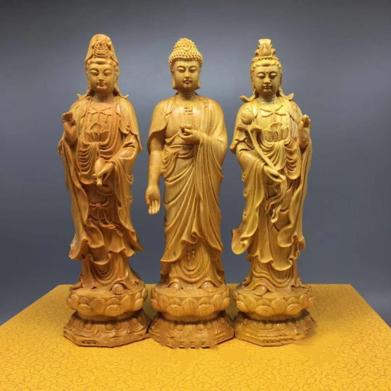 高品質◆仏教美術高さ約20ｃｍ 阿弥陀如来三尊立像 ツゲ 観音菩薩 木彫仏像 精密細工の画像1
