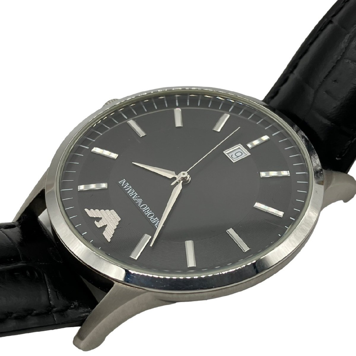 稼働品 EMPORIO ARMANI エンポリオ アルマーニ AR-2411 黒文字盤 デイト ラウンド SS 革 レザーベルト QZ クォーツ メンズ 腕時計 ケース付の画像3