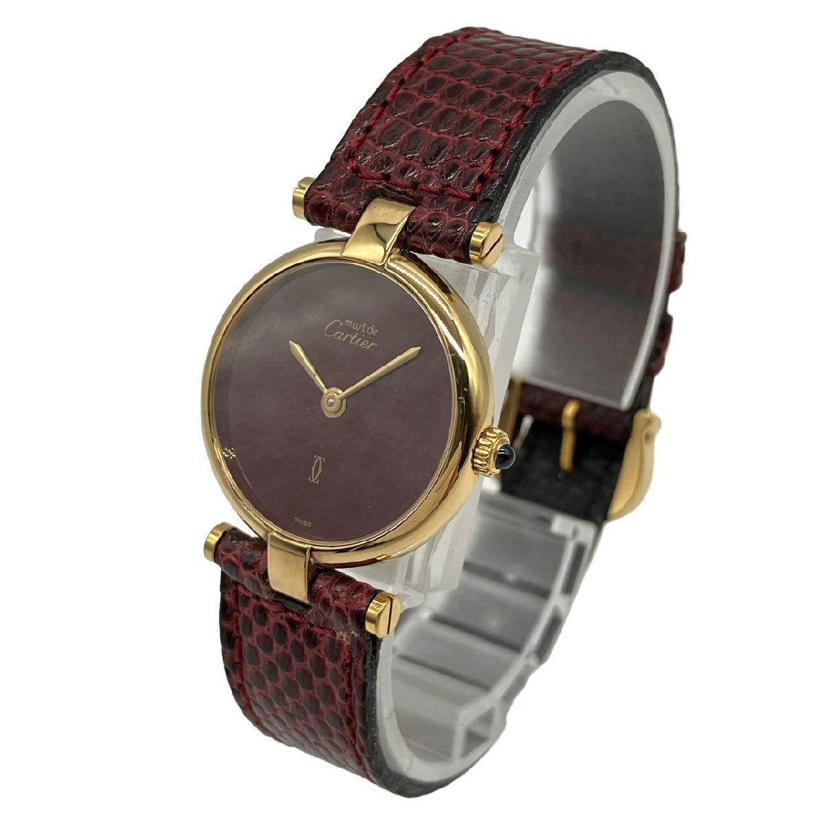 Cartier マスト ヴァンドーム ヴェルメイユ ラウンド ボルドー文字盤 ゴールドカラー SV925 レザー 革ベルト クオーツ レディース 腕時計の画像2
