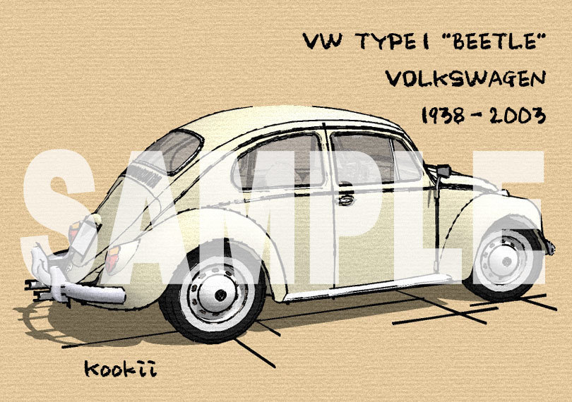 フォルクスワーゲン タイプ1 ビートル VOLKSWAGEN TYPE1 BEETLE オリジナル手描き風イラスト（旧車、VW、ワーゲンバス）TYPE1-B06の画像1