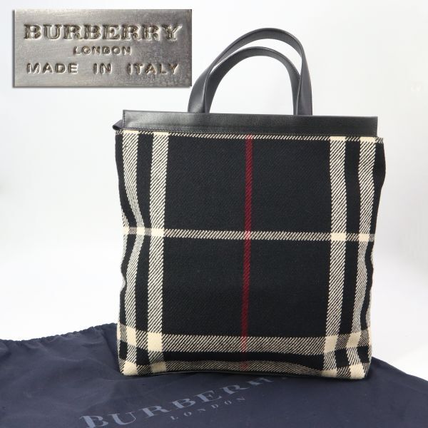 e3835【BURBERRY】トートバッグ ウール×レザー メガチェック 黒系 手提げ 保存袋付 極美品 バーバリーの画像1