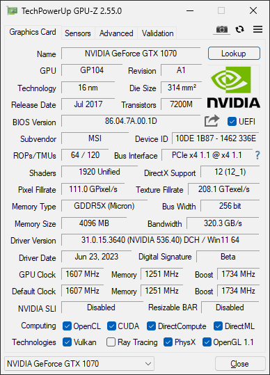 MSI GeForce GTX 1070 4GB / мой человек g из игра использование не по назначению Driver имеется / install информация имеется / возможен возврат товара 