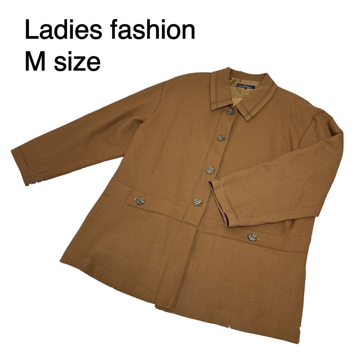 レディースファッション　ウール100% 薄手　コート　春物アウター　ブラウン　M ステンカラーコート