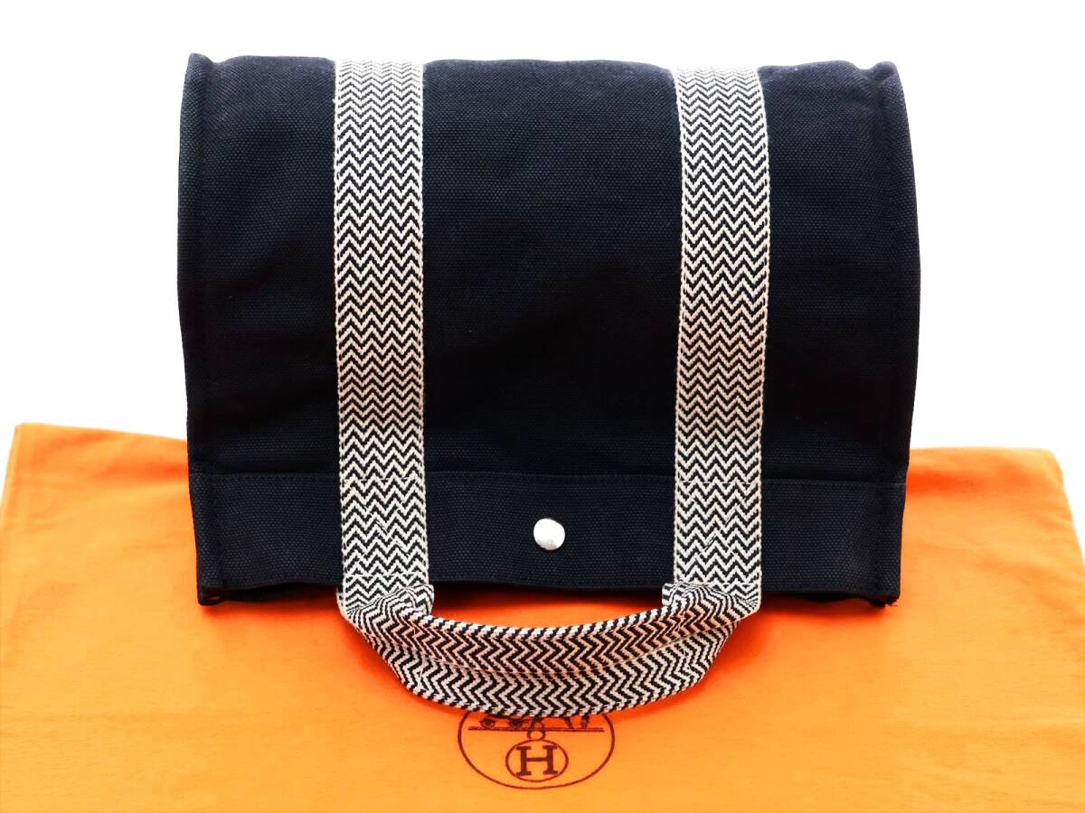 極美品 希少 エルメス カンヌ PM ブラック ホワイト HERMES キャンバス 2WAY トートバッグ ポーチ付 ハンドバッグ 防水/クリーニング済の画像7