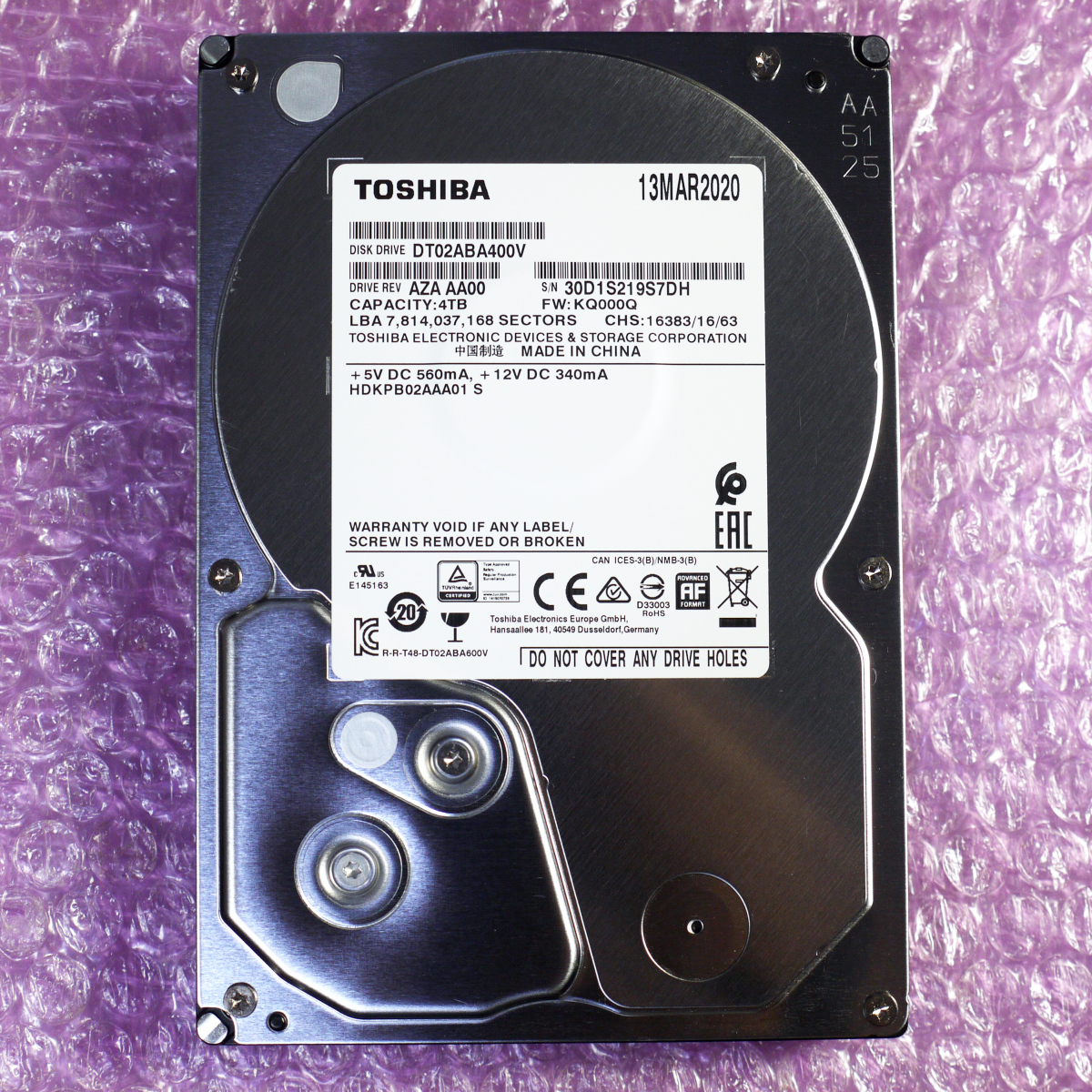 東芝 TOSHIBA DT02ABA400V 4TB 3.5インチ SATA HDD (AVコマンド対応)_画像1