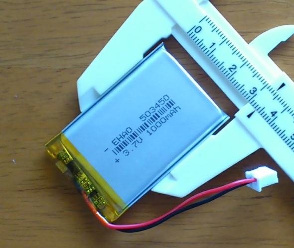 リポ バッテリー 2pinコネクター付き 3.7V 1000mAh 503450（5 x 34 x 52mm）の画像1
