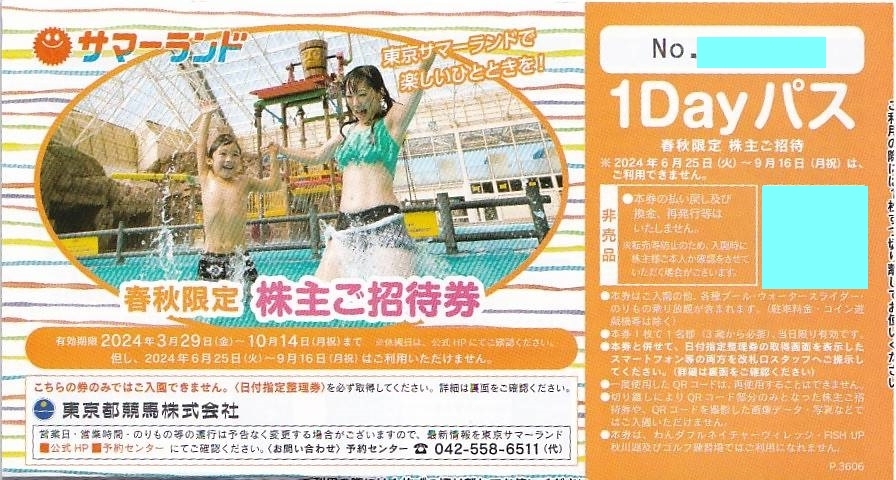 東京サマーランド 春秋限定株主ご招待券 3枚セット★1Dayパス フリーパス 東京都競馬 株主優待券 入園無料券の画像1