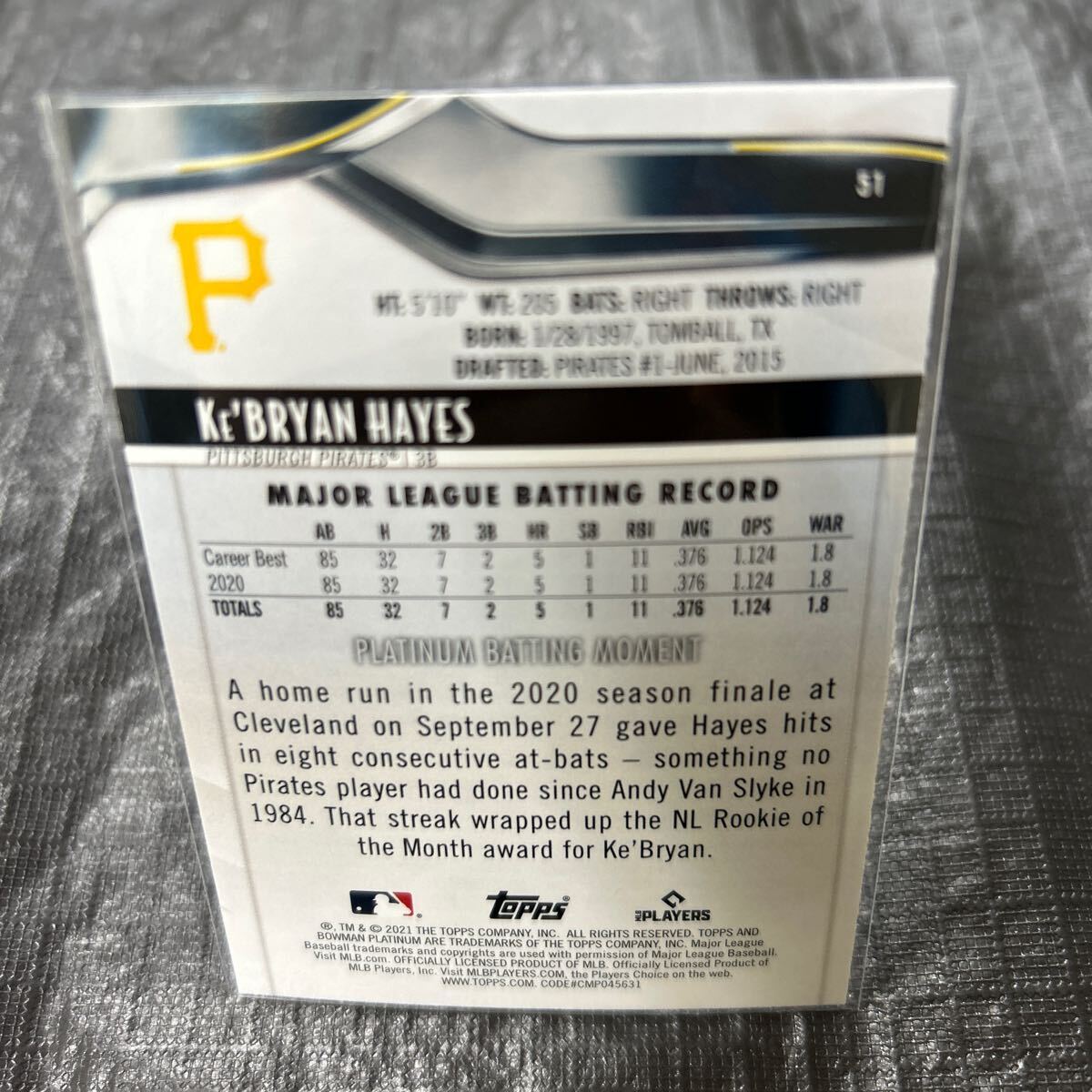 Bowman Platinum 2021 Ki’Bryan Hayes Rookie Card Pittsburgh Pirates キブライアン ヘイズ　ルーキーカード　ピッツバーグパイレーツ_画像2