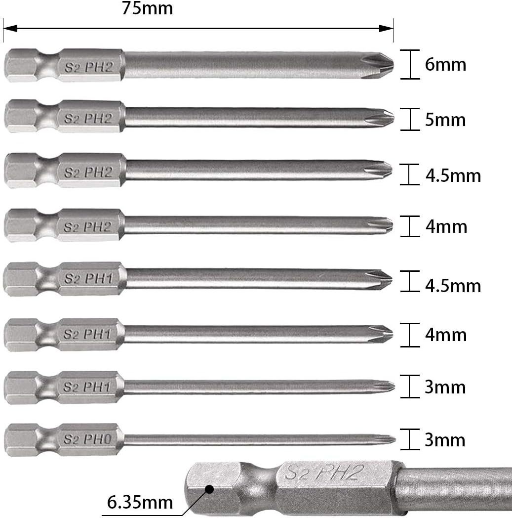 磁気クロスヘッドドライバービット 六角軸 電動ドライバービット 6.35mm S2鋼 8個セット 75mm_画像1