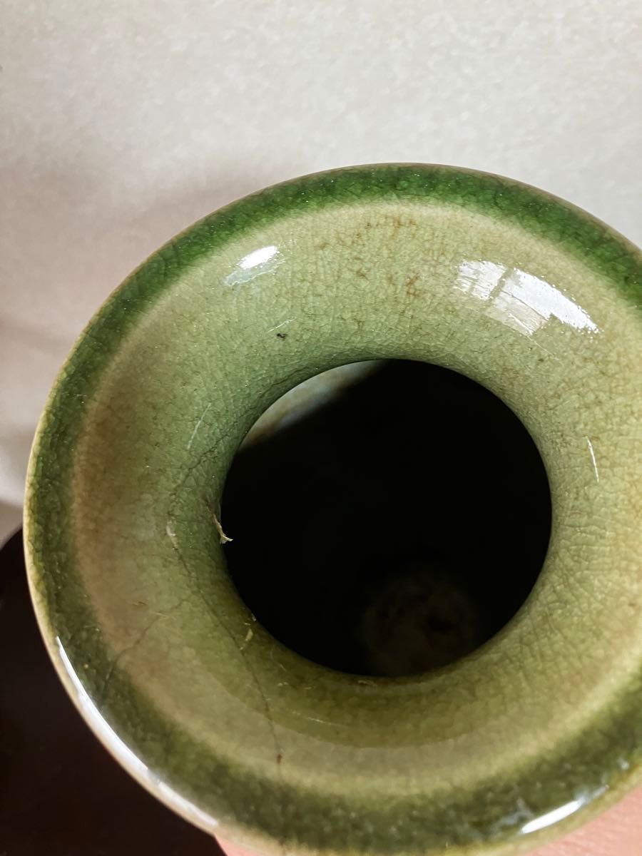 共箱付 山崎光洋作 貫入 緑袖花瓶/花入/花器/フラワーベース陶器 共箱付 山崎光洋作 貫入 緑袖花瓶/花入/花器/フラワーベース陶器