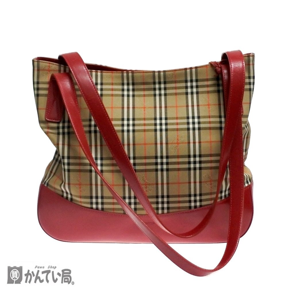 BURBERRY バーバリー トートバッグ マグネットホック開閉式 マチ有り ノバチェック チェック柄 レッド 赤 レディースバッグ 手提げかばん_BURBERRY　トートバッグ