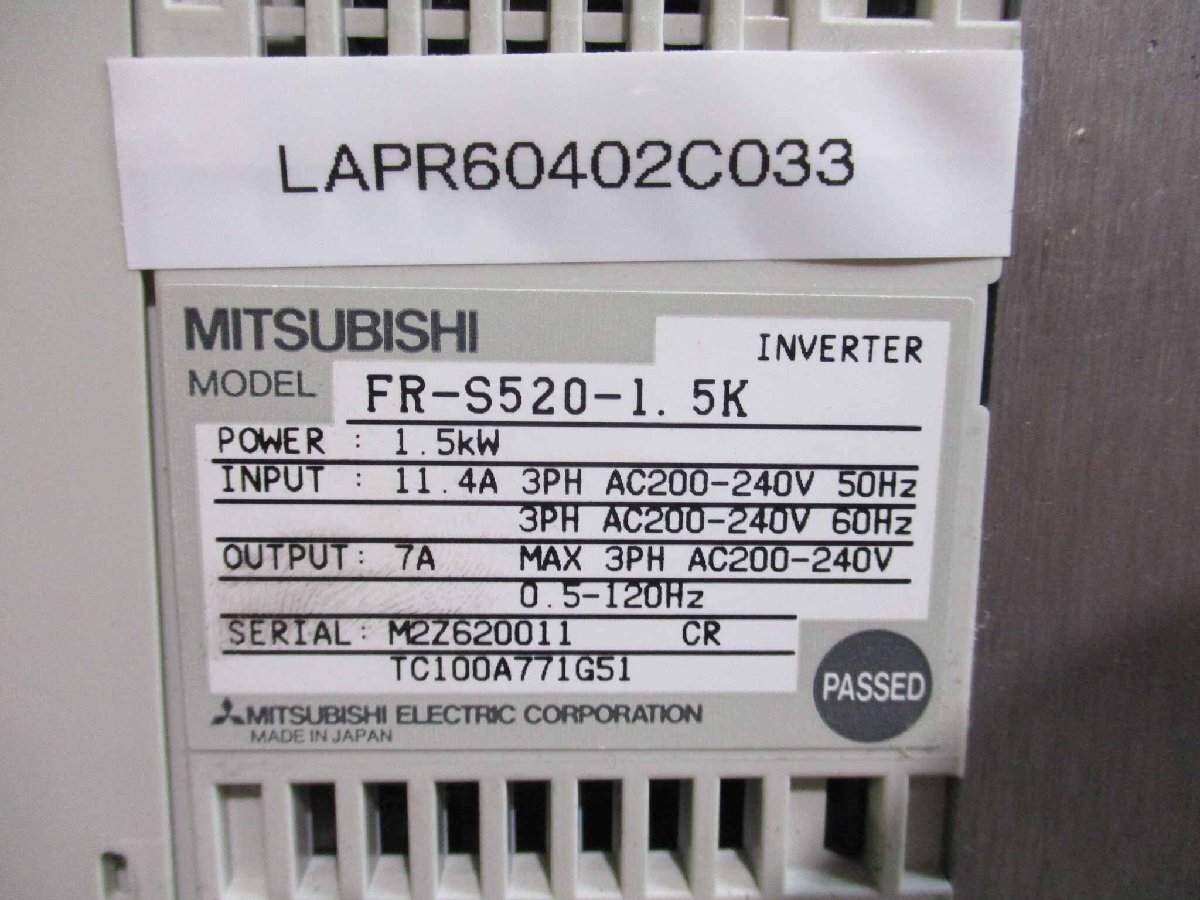 中古 MITSUBISHI INVERTER FR-S520-1.5K 1.5KW (LAPR60402C033)_画像2